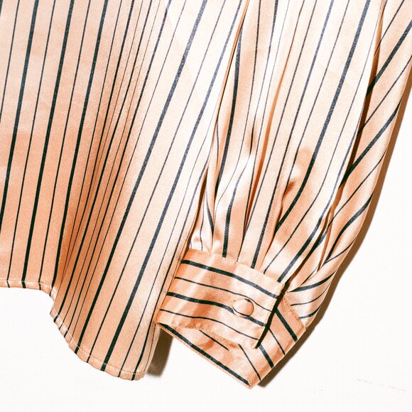 Champagne & Black Striped Satin-Esque Blouse with Chest Pockets - Picture 5 of 6